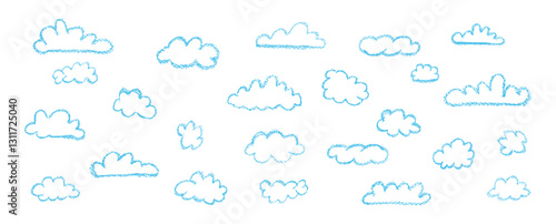 Set of abstract pencil clouds. Hand drawn cartoon cloudy sky. Vector illustration of collection of white eddy on white background. Imitation of a child's drawing with pencils on blackboard
