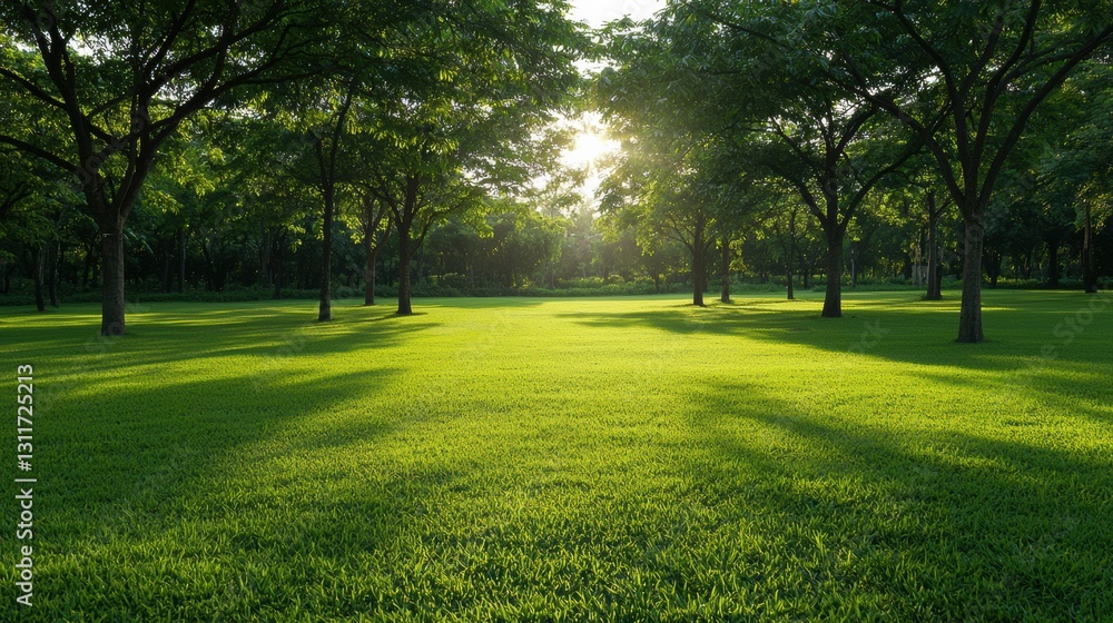 Obraz premium Sunlight filters through lush green trees in a serene park, casting shadows on vibrant grass, creating a peaceful and refreshing natural scene full of tranquility and calmness.
