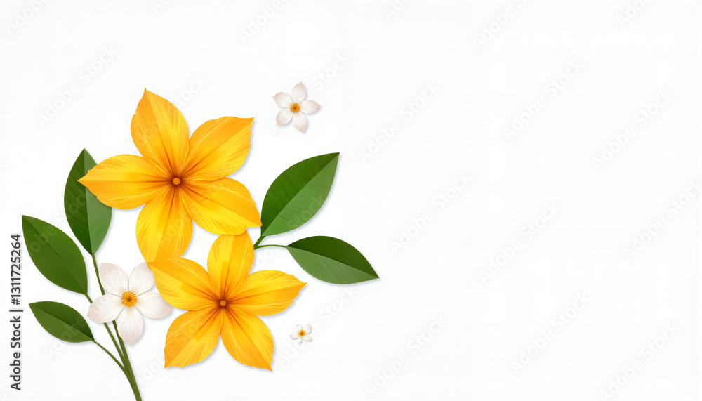 Obraz premium Colorful flowers with green leaves on white background