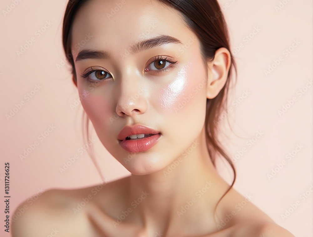 Asian model showing glossy skin with soft pastel tones makeup Asian model showing glossy skin with soft pastel tones makeup