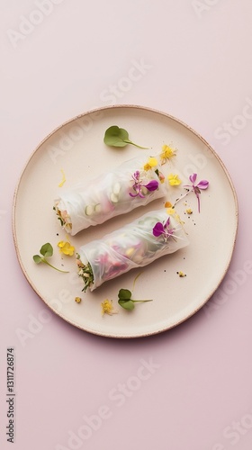 A top-down view of fresh vegetable spring rolls wrapped in translucent rice paper, elegantly decorated with edible flowers. Ideal for editorial, branding, packaging, and social media content.