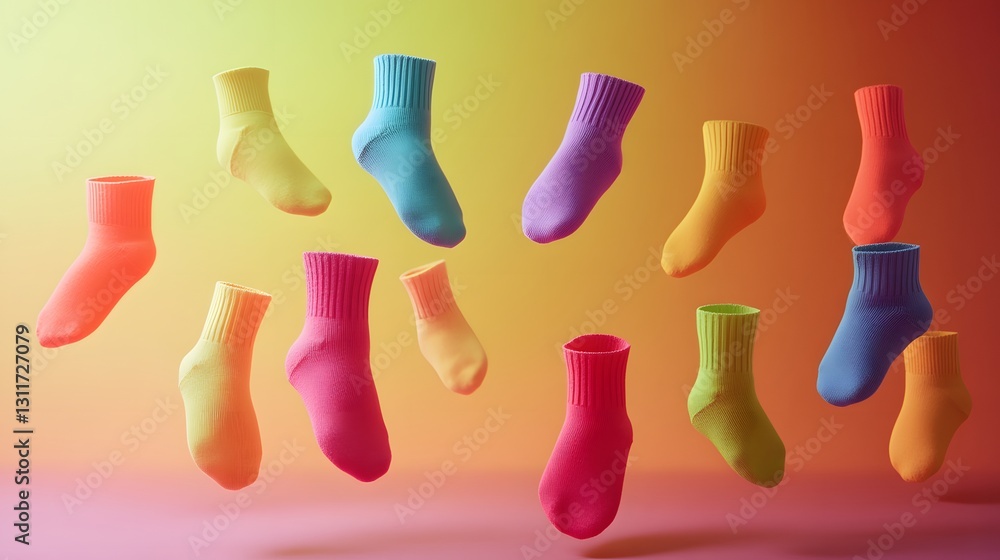 Colorful Knitted Socks Levitate Against Vibrant Gradient Background Colorful Knitted Socks Levitate Against Vibrant Gradient Background