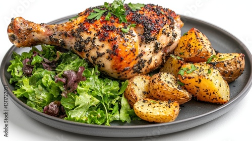 Roasted Chicken Leg with Potatoes and Salad