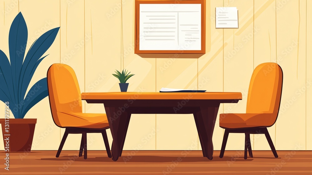 Fototapeta premium Office Interior: A modern office interior setup featuring an inviting meeting space with a wooden table and two stylish orange chairs, ready for a brainstorming session.