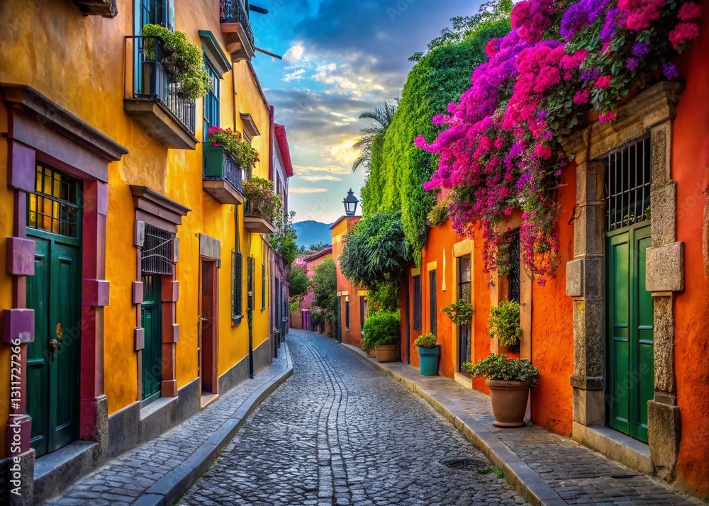 Naklejka premium Vibrant San Miguel de Allende: Colorful Colonial Architecture & Cobblestone Streets - Macro Photography