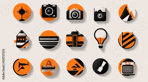 Orange Icons, Modern Design, Flat Style, Photo and Technology, Icons Collection