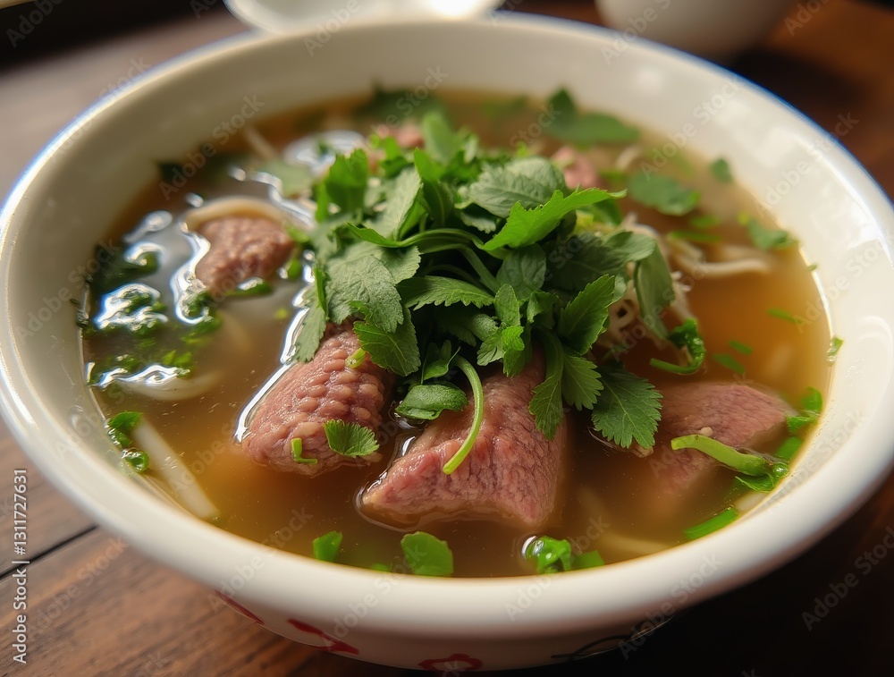 Steaming vietnamese pho soup with aromatic broth, rice noodles, and thinly sliced beef Steaming vietnamese pho soup with aromatic broth, rice noodles, and thinly sliced beef