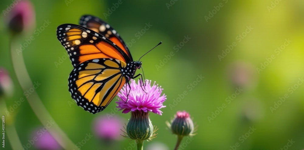 Fototapeta premium A monarch butterfly rests on a purple thistle, antenna delicately poised , macro, flower photography, lepidoptera