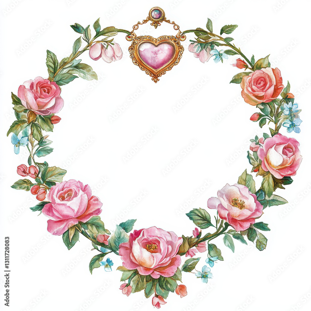 beautiful floral wreath featuring pink roses and blue flowers, adorned with heart shaped pendant, perfect for romantic themes and decorations beautiful floral wreath featuring pink roses and blue flowers, adorned with heart shaped pendant, perfect for romantic themes and decorations