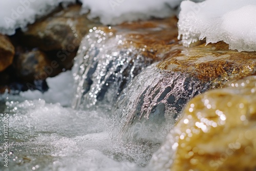 Scenic water rapids frozen at the edges during winter, with a beautiful view of natural landscapes. photo