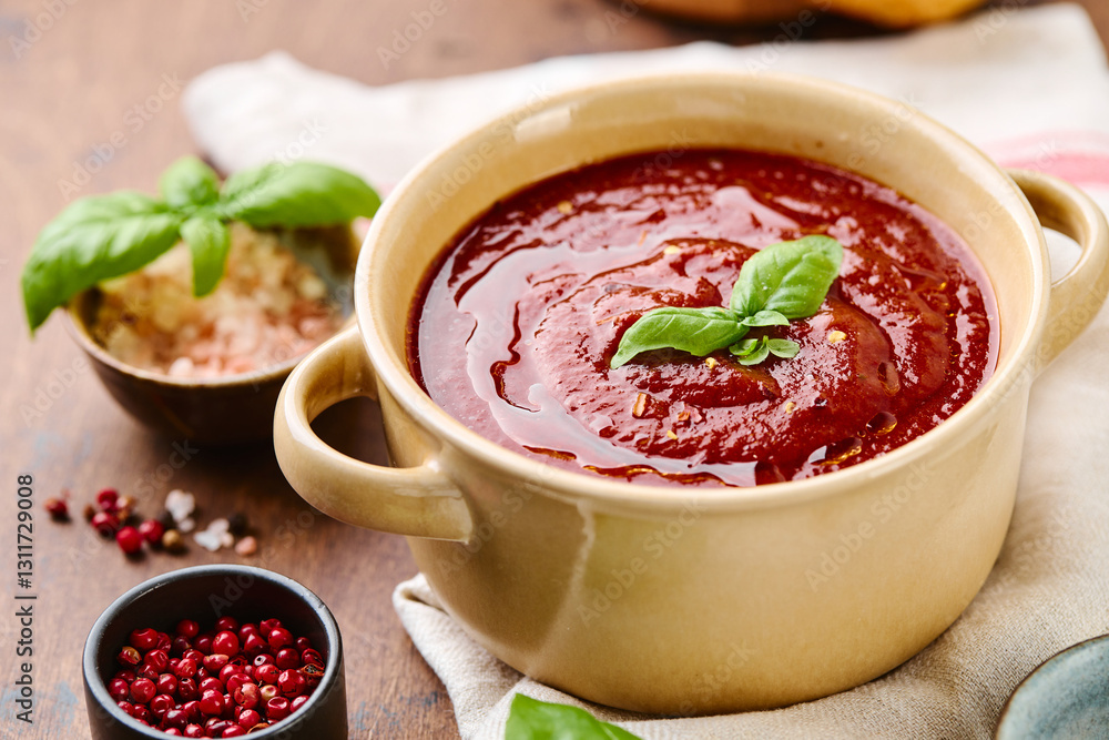 Tomato puree soup garnished with basil leaves and spices in ceramic bowl with toasted bread slices on wooden table Tomato puree soup garnished with basil leaves and spices in ceramic bowl with toasted bread slices on wooden table