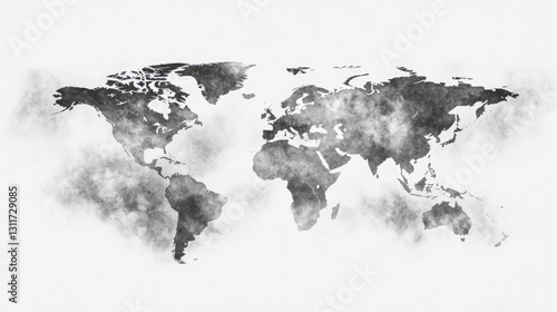 Fototapeta Naklejka Na Ścianę i Meble -  Grayscale world map with faded watercolor effect and atmospheric design elements