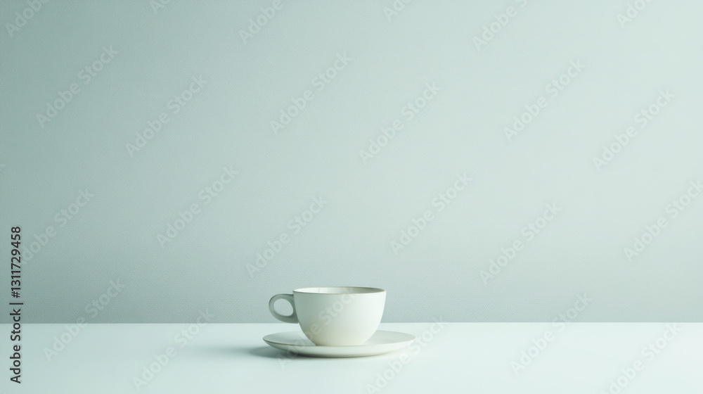 Minimalist white cup and saucer on light background Minimalist white cup and saucer on light background
