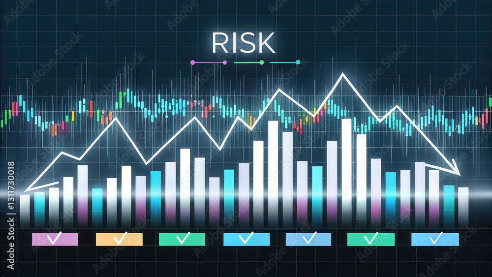 A digital financial graph displaying risk metrics with fluctuating data trends and colorful bar indicators. A digital financial graph displaying risk metrics with fluctuating data trends and colorful bar indicators.