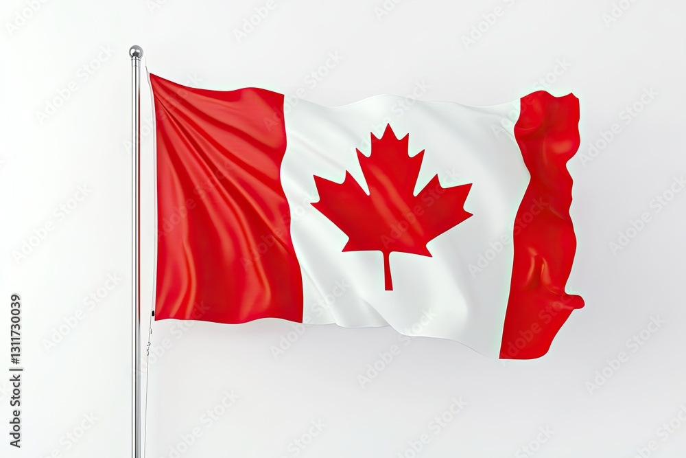 A Canadian flag waving proudly on a flagpole against a white background a symbol of national pride and Canadian identity A Canadian flag waving proudly on a flagpole against a white background a symbol of national pride and Canadian identity