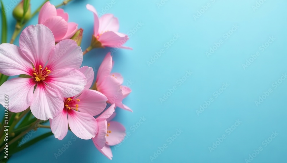 Fototapeta premium Delicate pink & white blooms, vibrant spring bouquet on blue backdrop, springtime, gentle, floral design