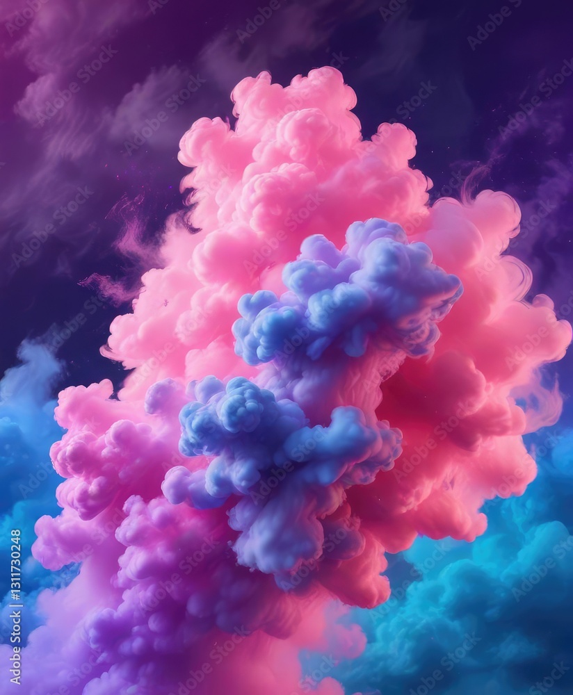 Fototapeta premium Iridescent colored smoke with neon pink purple and blue shades on a cloudy background, abstract pattern, colorful aura, rainbow mist