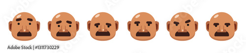 Set of Vector illustration of bald black skin man head with pirate earring and different emotions, hairless male funny avatar icon, flat style cartoon character, emojis sad, upset, angry, surprised
