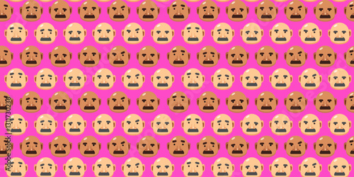 Funny seamless pattern with round faces black and white hairless male head on pink background, bald man with different emojis, trendy cartoon for print, fabric, barbershop, cosmetic, clothes