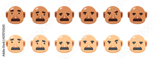 Set of Vector illustration of bald black and white skin man head with different emotions, hairless male funny avatar icon, flat style cartoon character, serious emojis sad, upset, angry, surprised