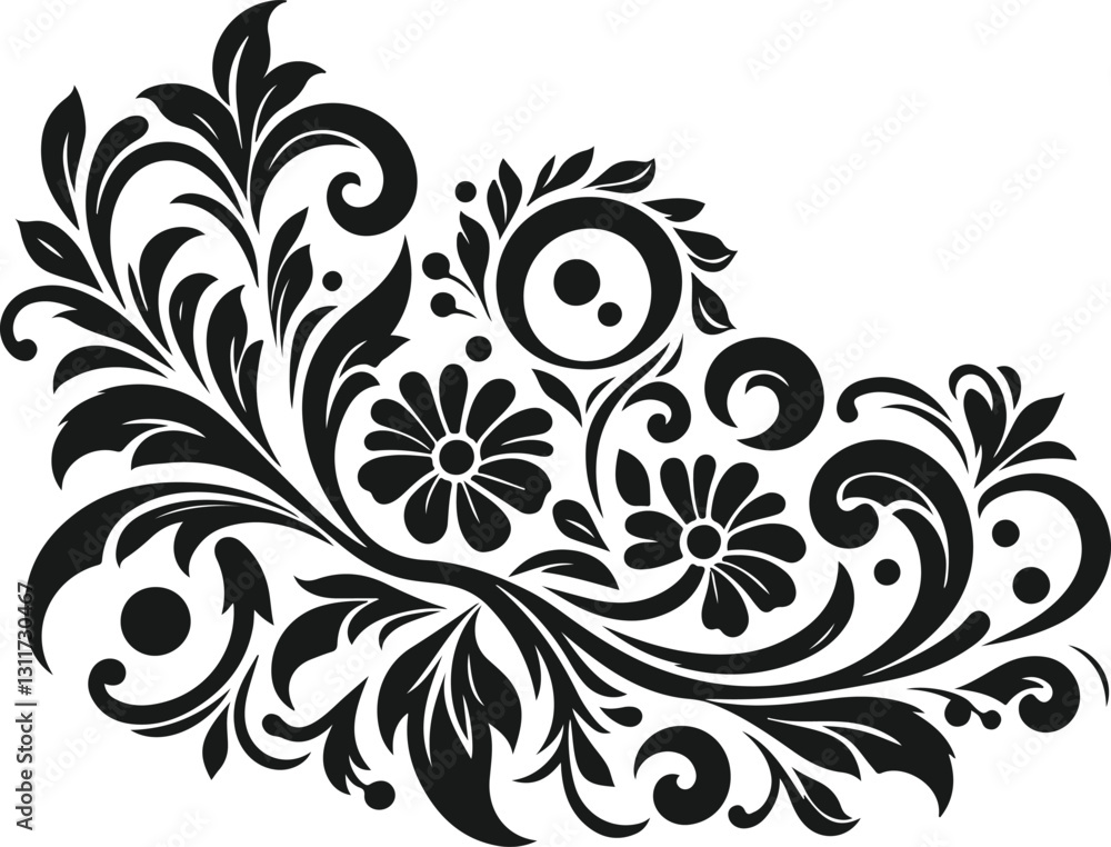 A sophisticated, symmetrical damask pattern featuring intricate floral and leaf-like designs in a rich black silhouette against a pure white background. A sophisticated, symmetrical damask pattern featuring intricate floral and leaf-like designs in a rich black silhouette against a pure white background.
