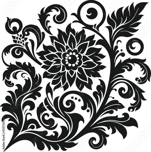 A sophisticated, symmetrical damask pattern featuring intricate floral and leaf-like designs in a rich black silhouette against a pure white background.