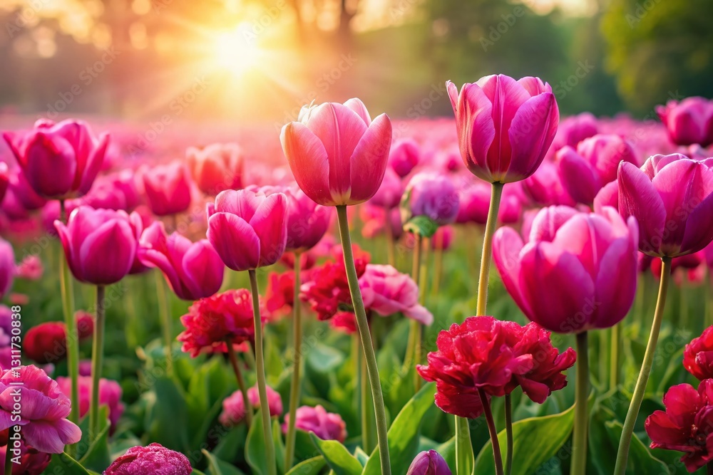 Fototapeta premium Vibrant Spring Meadow: Deep Pink Tulips and Geraniums