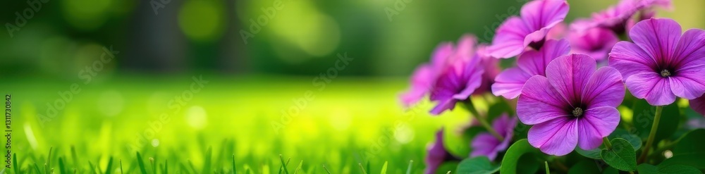 Emerald green lawn, vibrant purple petunias bloom , nature, horticulture Emerald green lawn, vibrant purple petunias bloom , nature, horticulture