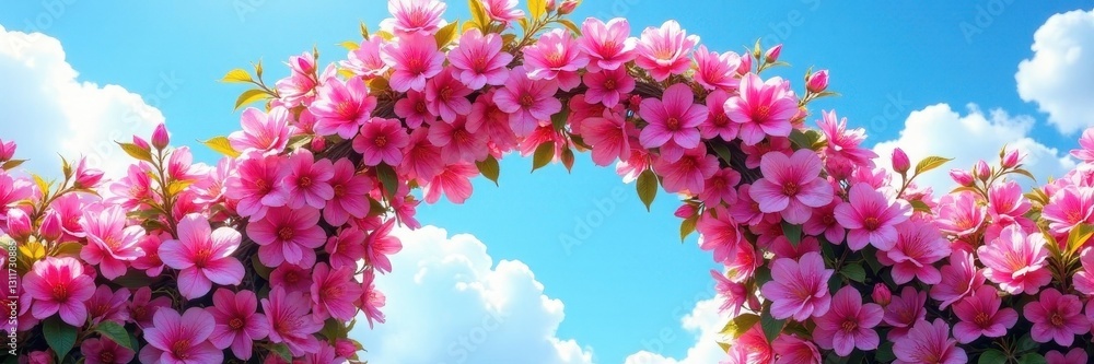 Fototapeta premium Flowering archway, vibrant blossoms against clear blue sky , floral arch, botanical