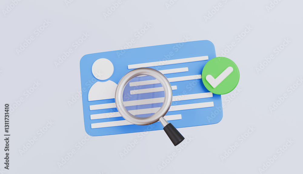 ID card with magnifying glass and checkmark, identity verification, user authorization 3d rendering illustration ID card with magnifying glass and checkmark, identity verification, user authorization 3d rendering illustration