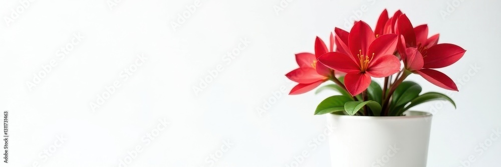 Glossy red blossoms in a simple white pot against pure white , white pot, bloom, vivid Glossy red blossoms in a simple white pot against pure white , white pot, bloom, vivid