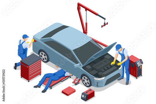 Three isometric mechanics service a car with hood open, using a red crane and tool chest. One works underneath, others check body and engine components.