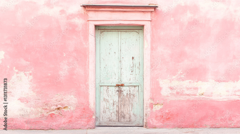 Fototapeta premium Rustic weathered wooden door on distressed pink wall exterior architectural detail