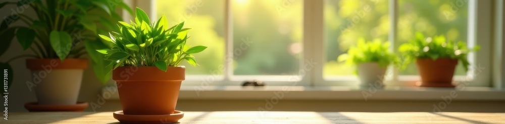 Fototapeta premium Green plant in terracotta pot on wooden table by sunlit window, peaceful, potted plant