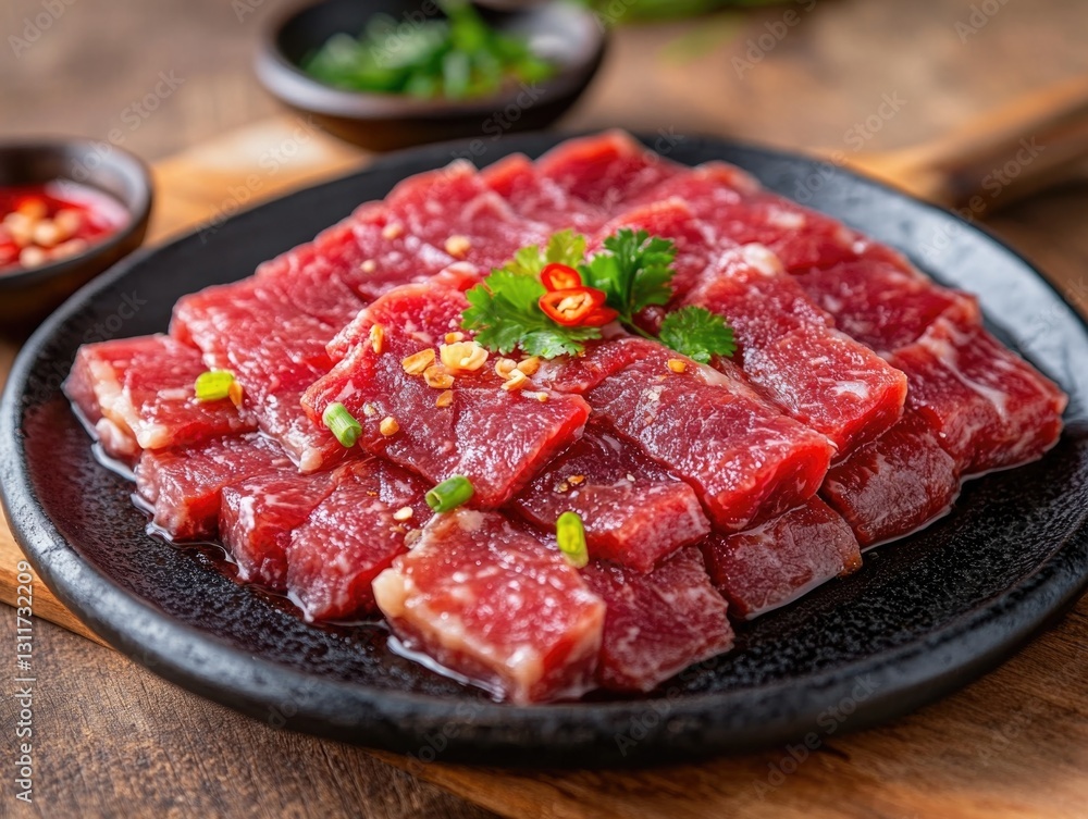 Slices of raw beef, possibly from a cow, presented on a black tray. Tataki is a style of sushi that uses thinly sliced meat instead of fish. Slices of raw beef, possibly from a cow, presented on a black tray. Tataki is a style of sushi that uses thinly sliced meat instead of fish.