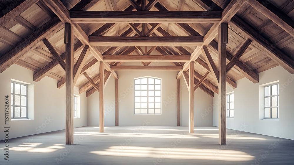 Spacious empty loft with exposed wooden beams, large windows, and white walls. Spacious empty loft with exposed wooden beams, large windows, and white walls.