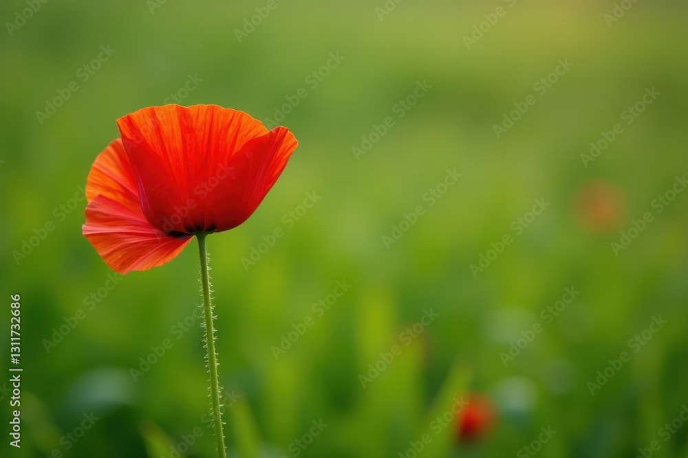 Lone red poppy, vibrant crimson petals against green field, botany, tall Lone red poppy, vibrant crimson petals against green field, botany, tall