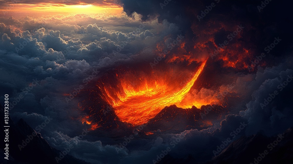 Fiery explosion of orange and red lava cascades from the top-left, swirling dynamically around the bottom-right in an intense dance of molten beauty Fiery explosion of orange and red lava cascades from the top-left, swirling dynamically around the bottom-right in an intense dance of molten beauty