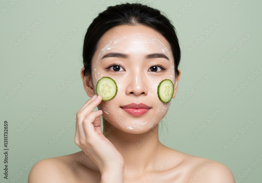 Refreshing cucumber skincare ritual with natural beauty on green background Refreshing cucumber skincare ritual with natural beauty on green background