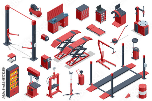 Comprehensive isometric auto workshop set. Includes two-post lift, scissor lifts, air compressor, tool cabinets, welding machine, and oil drain units in matching red-gray style.