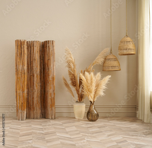 Wallpaper Mural Modern home wicker concept, chair, lamp, wooden screen, parquet floor, vase of plant flower interior decor. Decorative background. Torontodigital.ca