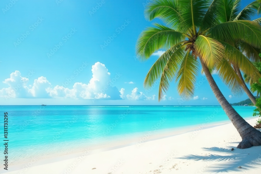 Fototapeta premium Majestic palm against turquoise water, white sand , waves, tropical