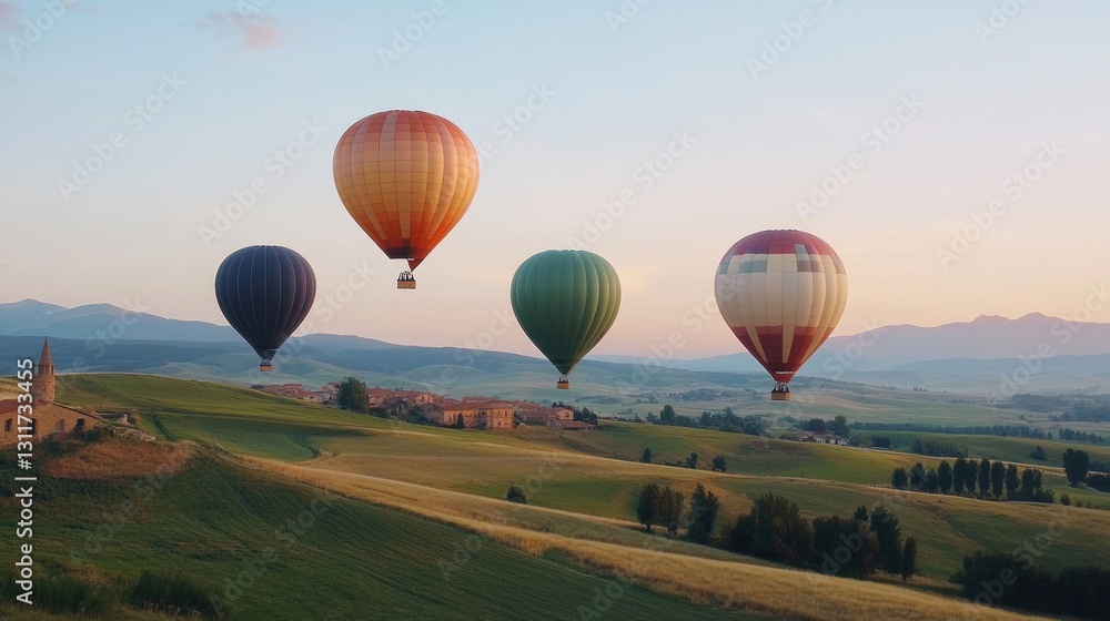 Fototapeta premium Colorful hot air balloons soaring over picturesque rolling hills at sunrise, capturing a serene landscape and an adventurous travel experience.
