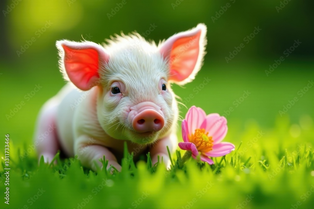 Miniature piglet naps on green grass, flower in mouth , bloom, piglet Miniature piglet naps on green grass, flower in mouth , bloom, piglet