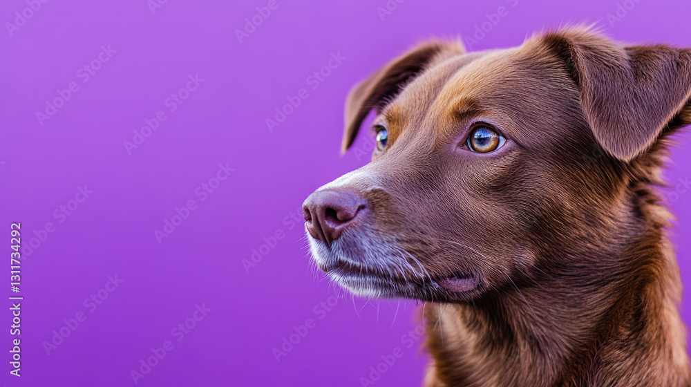 Obraz premium Brown dog with focused expression against purple background