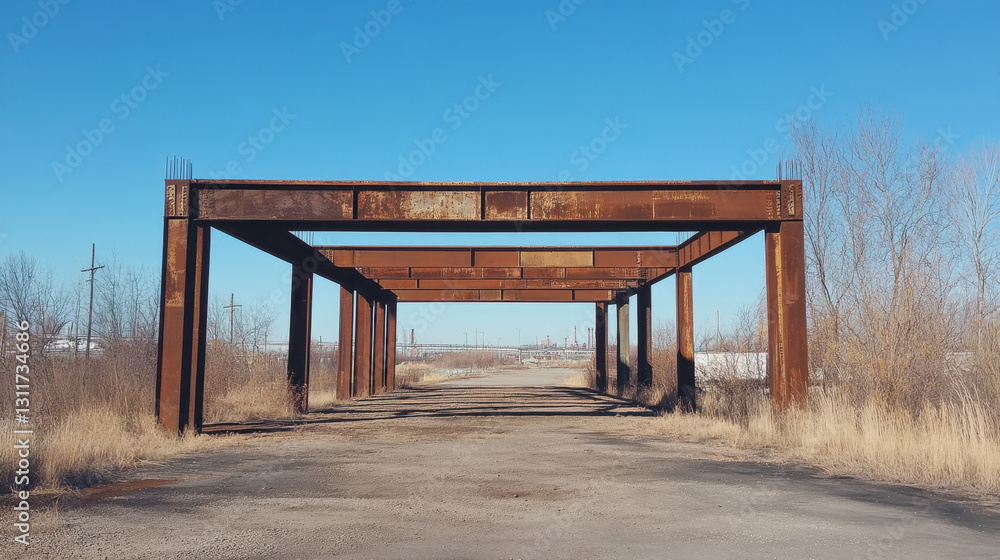 A rusted steel frame structure is prominently displayed against a bright blue sky, surrounded by overgrown grass and barren land A rusted steel frame structure is prominently displayed against a bright blue sky, surrounded by overgrown grass and barren land