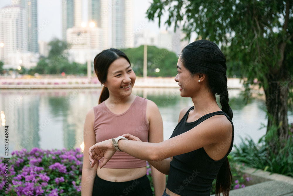 Fototapeta premium Two young women checking smartwatch after training in bangkok park