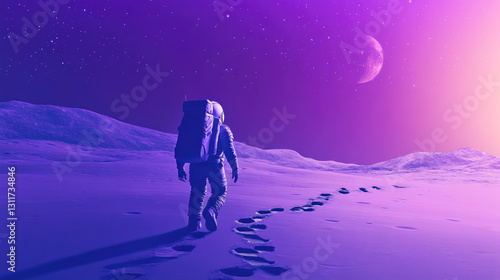 Astronaut walking on lunar surface under starry purple sky with crescent moon