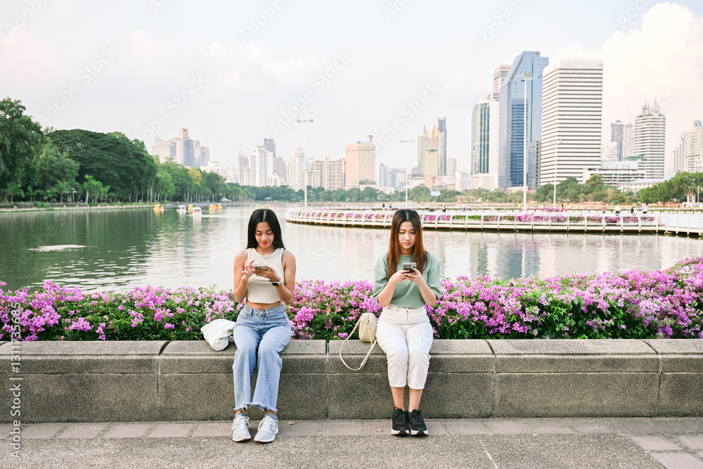 Obraz premium Two young women using smartphones in bangkok park
