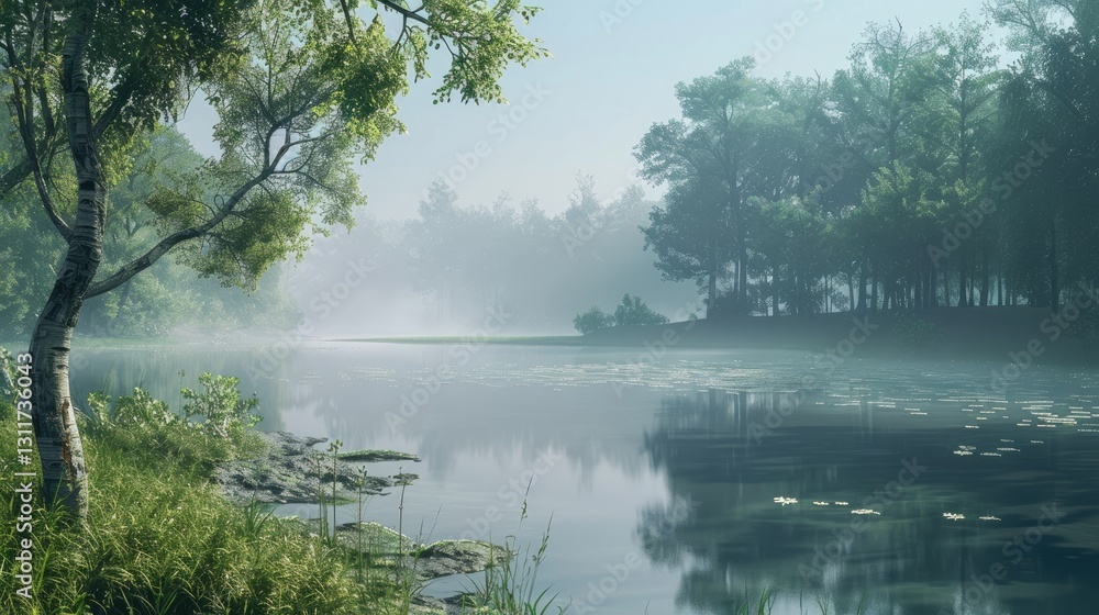 Naklejka premium Tranquil lake scene with calm blue waters reflecting green trees and misty surroundings, serene nature escape at dawn with subtle light.